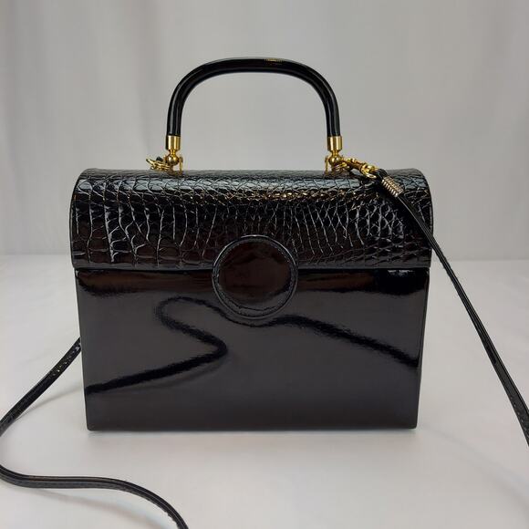 Vintage La Regale 50's Lunchbox Style Black Patent Leather Handbag Shoulder Bag - Picture 1 of 9